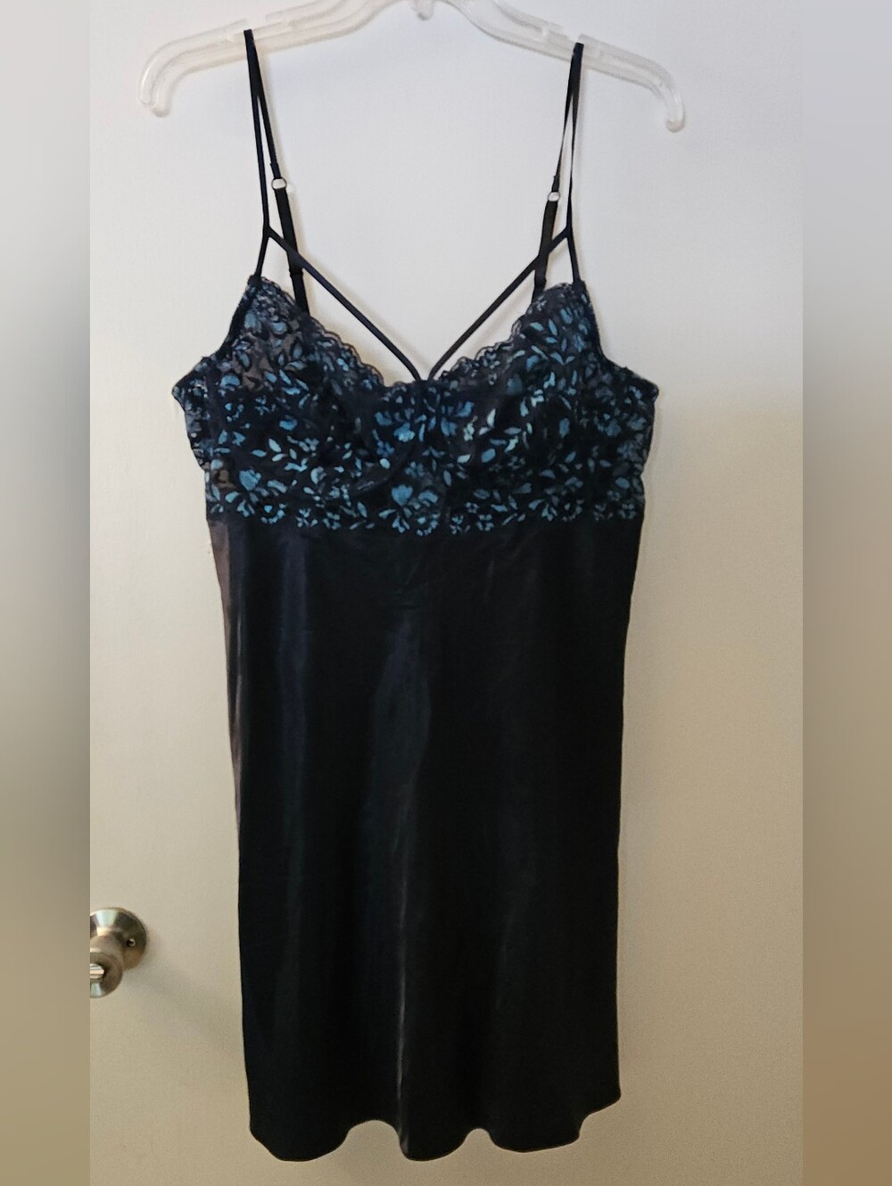 Cacique Navy Satin Chemise with Blue Floral Lace